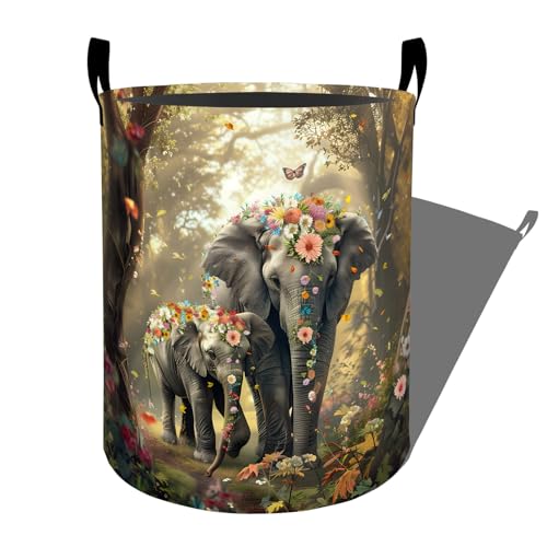 Whimsical Elephant Forest Floral Butterfly Laundry Basket, Dorm Nursery Foldable Laundry Hamper Organizer for Bathroom Decor, Toy Clothes Storage Box for Bedroom 19.7x15.7 Inch - style: Elephant28