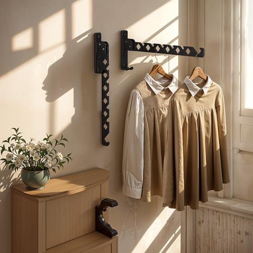 2 Pack Wall Mount Coat Hanger Holder Black Clothes Drying Organizer Rack Garment Hooks Aluminium Retractable Folding Indoor Wall Mounted Hanger Space Saver for Laundry Room Bedroom Black