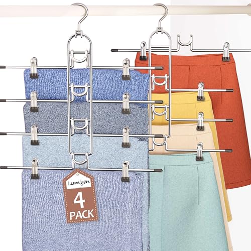 Pants Hangers With Clips, Newly Upgraded Detachable Space Saving Hangers for Skirts, Shorts & Trousers with Non slip clip,Heavy Duty Skirt Hangers - Hanging Closet Organizer And Storage,Patent Pending - color: Silver-4 Layers, size: 4pcs