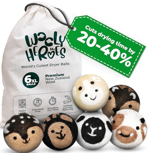 Chemical Free & Baby Safe! Reusable Wool Dryer Balls XL 6-Pack - Reduces Static, Cuts Dry Time, & Softens Naturally - color: Baby Cow & Friends