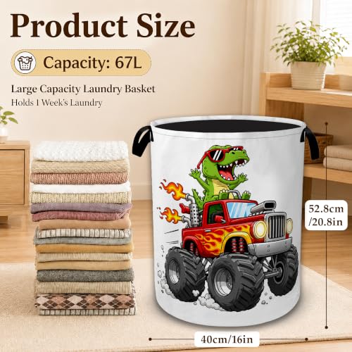 Dinosaur Truck Laundry Basket with Handles, Foldable Tall Oxford Clothes Hamper, Lightweight Water-Resistant Storage Bin for Bedroom Bathroom College Dorm, 16 x 20.8 Inch - color: Dinosaur Truck