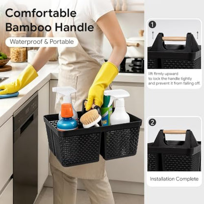 UUJOLY Portable Plastic Shower Caddy Basket with Wooden Handle, Black - color: Black