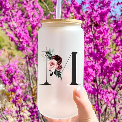 Customized Personalized Gifts for Women, Cute Initial Glass Cups with Lids and Straws, Letter Iced Coffee Cup, Monogram Drinking Glasses Tumbler Mug, Mothers Day Gifts for Mom Wife Nana Aunt Niece, S - style: Letter S