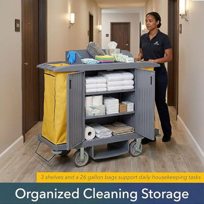 60” x 21” x 50” Large Locking 3-Shelf Multifunctional Housekeeping Cart - Commercial Hotel Cart with 2 Zippered Vinyl Bags, 8 Top Compartments, Underdeck Shelf, Fender Wheels, Locking Casters - 220 lb - size: Large (3 Shelf)