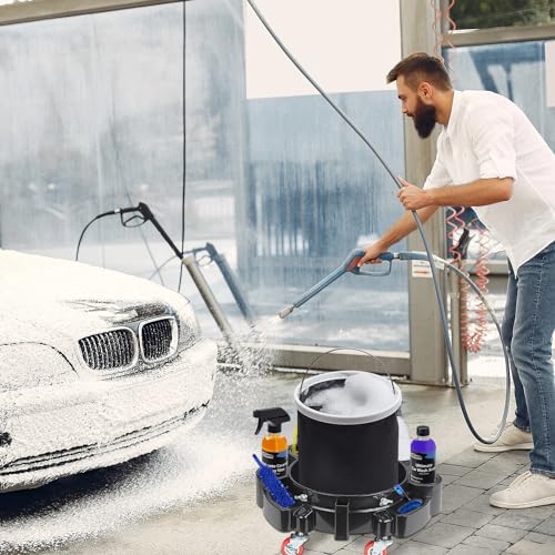 LCGP Bucket Dolly 5 Gallon Car Wash Professional Cleaning Bucket with Heavy Duty Wheeled Casters, Complimentary Strainer and Sprayer, Black - size: Dolly with Dirt Guard and bottle