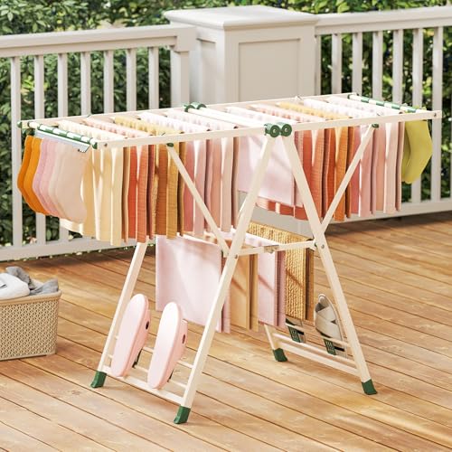 GIANTEX Foldable Metal Clothes Drying Rack, 55.5" Height Adjustable Wings - color: Beige, size: 55.5"L x 39"-58"H