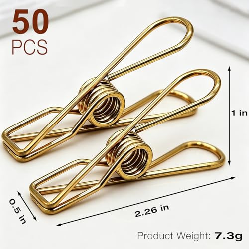 50 Pack Wire Clothes Pins, Stainless Steel Clothespins Gold Metal Clothes Pegs Laundry Pins Heavy Duty for Outdoor Home Kitchen Travel Office - color: Gold-a