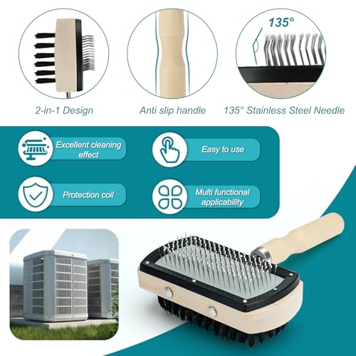 Air Conditioner Coil Cleaning Brush Kits - Double Sided HVAC Brush AC Coil Cleaner Brush and Metal Radiator Fin Comb Compatible with Air Conditioner HVAC Fin Comb Straightener