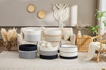 KAKAMAY Large Blanket Basket with Handles, Storage Basket for Living Room - color: Black Stripe