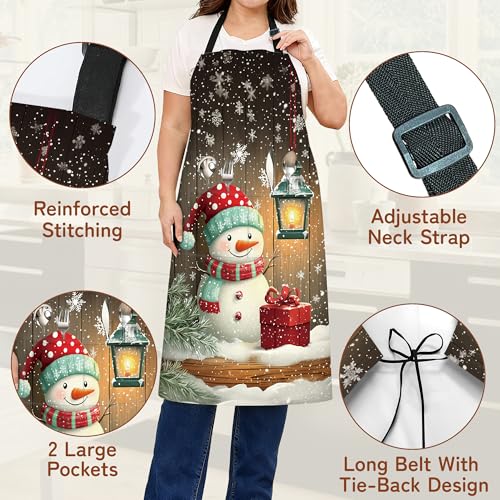 Cooking Aprons for Men and Women,Adjustable Bib Chef Apron with 2 Pockets, Soft and Durability Kitchen Apron - color: Christmas Cute Snowman Snowflake