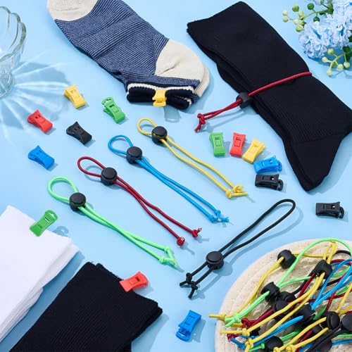 PH PandaHall 40pcs Sock Ties with Windproof Clips Set Laundry Strap Socks Clips Set Sock Locks Strap Your Socks Laundry Organize Tie Clips for Washing Machine and Dryer(20+20 5 Colors)