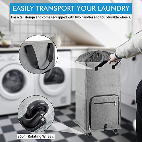 Laundry Hamper with Wheels, Bukere Large Rolling Laundry Basket with 4 Casters and 2 Handles, Collapsible Freestanding Wheeled Laundry Bag for Clothes, Laundry Room, Bathroom, Apartment, College - color: Gray