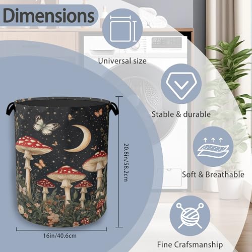 Mushroom Forest Plant Laundry Hamper,Butterfly Moon Dirty Clothes Laundry Basket with Handles Waterproof Oxford Cloth Storage Basket for College Dorms Bathroom Bedroom 16" x 20.8" - color: Mushroom Forest Plant Butterfly Moon