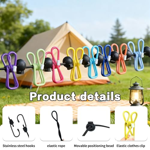 Portable Travel Laundry Line: Outdoor Pull-Back Laundry Line with 12 Clips and 13 Positioning Buckles for Travel, Vacation, Outdoor Camping (180-360cm)