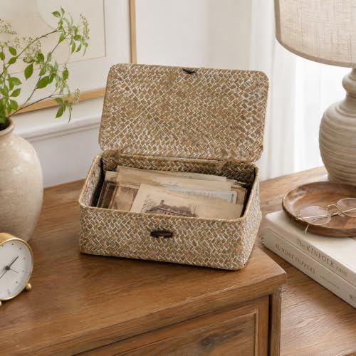 Seagrass Wicker Storage Basket with Lid, Small, Whitewash - color: Whitewash, size: 9.05" x 5.11" x 3.34"