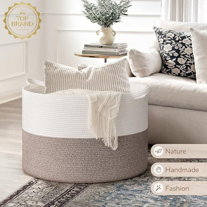 INDRESSME 115L Extra Large Woven Rope Blanket Basket Living Room, Brown - color: White & Brown, size: 23.6"D x 15.7"H