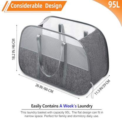 Collapsible Laundry Baskets with Easy Carry Handles, 95L Clothes Hamper for Storage, Foldable Laundry Basket Tear-proof, Large Pop Up Hampers for Laundry, Bedroom, Bathroom, Dorm Grey - style: Grey
