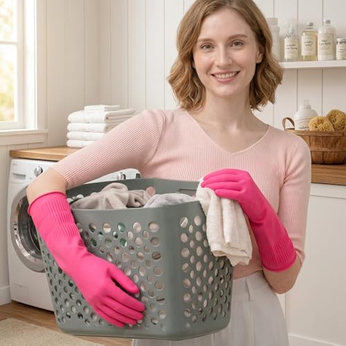 Rubber Dishwashing Gloves, 3 Pairs, Long Cuff Cleaning Gloves - color: Red (3 Pairs), size: Medium