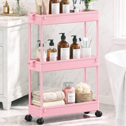 SPACEKEEPER Slim Rolling Storage Cart, 3 Tier Bathroom Cart Organizer, Pink - color: Pink