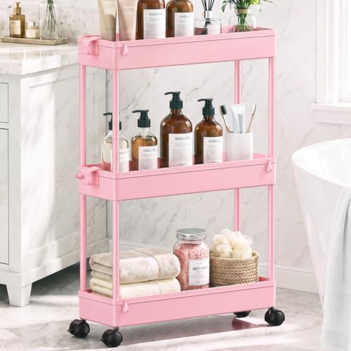 SPACEKEEPER Slim Rolling Storage Cart, 3 Tier Bathroom Cart Organizer, Pink - color: Pink