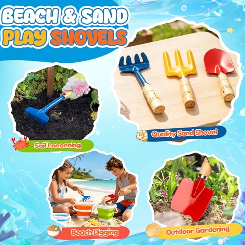 Umnodobn Collapsible Beach Bucket with Metal Shovels Set, Beach Toys Gifts for Adults, ABS Foldable Pails for Pool, Camping, Easter Party, Fishing, Summer Winter Activities 6PCS