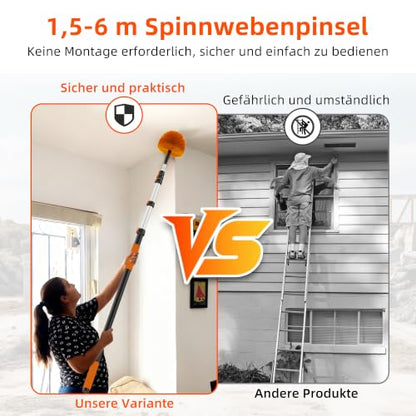 26 FT Reach Cobweb Duster with 5-20FT Telescoping Pole, Dual Action Flip-Lock & Screw Fixing Design, Washable Reusable Duster for High Ceilings, Fans & Home Cleaning - size: 5-20FT