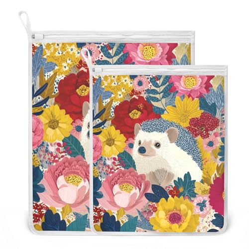 Mesh Laundry Bags Lingerie Bags for Washing Delicates 2 PCS Durable Wash Bag with Zipper Small and Medium Washable Garden Flowers Hedgehogs Colorful - color: Garden Flowers Hedgehogs Colorful
