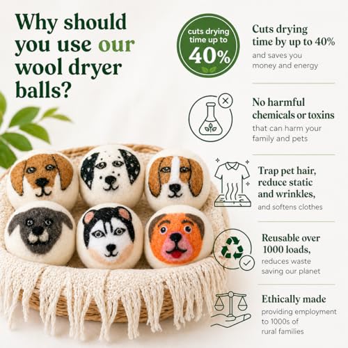Wool Dryer Balls XL 6-Pack – Organic Wool Dryer Balls for Laundry Reusable, Natural Fabric Softener, Reduces Drying Time, Static, Wrinkles & Clumping - color: Dog Family