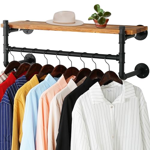 WEBI Wall Mounted Clothes Rack with Shelf,32" Industrial Pipe Clothing Rack with Shelves,Heavy Duty Iron Garment Rack Bar,Retail Display Clothes Rod for Clothes,Laundry Room,Black - color: Black, size: 32 Inch