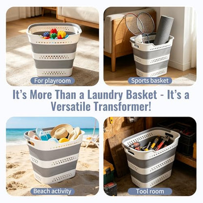 2 Pcs Collapsible Laundry Baskets, 43L Plastic Laundry Hamper for Dirty Clothes Dorm Bedroom, Space Saving Pop-Up Laundry Hamper Container, Foldable Durable Laundry Basket with Handle
