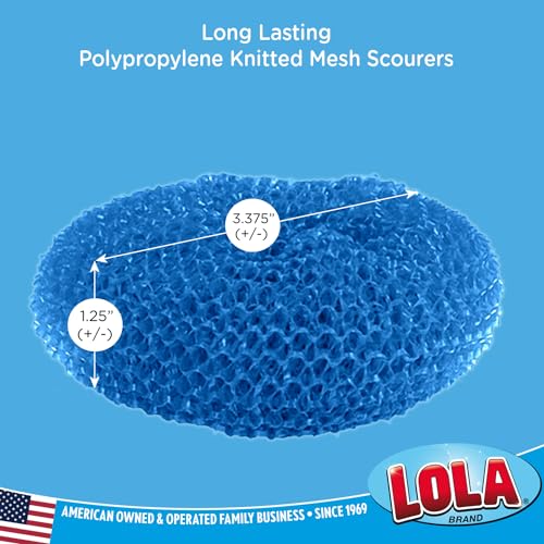 LOLA Plastic Mesh Scouring Pads - 3 Pack, 3.375" x 1.25", Non-Scratch Dish Scrubbers to Clean Dishes, Assorted Colors - Red, Blue & Yellow