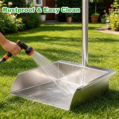 35in Heavy Duty Stainless Steel Standing Dust pan with Handle, Long Handle Metal Dustpans, Stand Up Large Dustpan for Farm, Office, Garage, Outdoor Yard, Commercial & Household Use