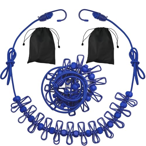 2 Pack Camping Clothesline Portable 12 Clothespins, Dark Blue - style: Dark Blue