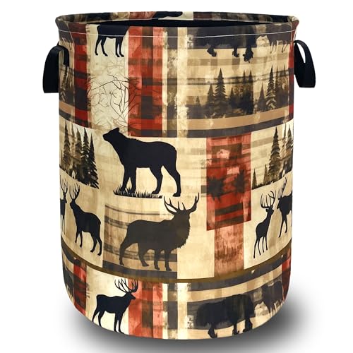 Vintage Forest Bear Laundry Basket Oxford Cloth Foldable Hamper 18.9x16.5In - color: Bear With Deers Retro Forest
