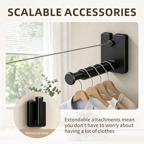 Anti-Sag Retractable Clothesline 40LB Capacity - 201in Stainless Steel Laundry Line for Indoor Outdoor, Wall Mounted Space Saving Easy Install (Black, with Pole) - color: Black, size: With pole