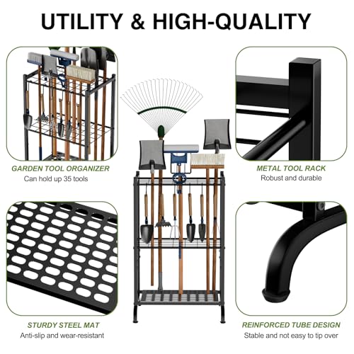 RANXFLOAT Garden Tool Organizer with Storage Hooks, Yard Tool Tower Rack for Garage Organization and Storage, Up to 35 Long-Handled Tools, Metal Tool Holder with 6 Hooks, Black