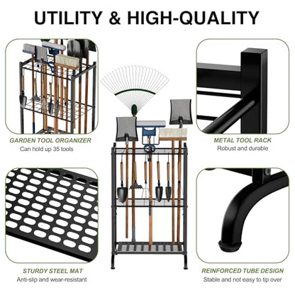 RANXFLOAT Garden Tool Organizer with Storage Hooks, Yard Tool Tower Rack for Garage Organization and Storage, Up to 35 Long-Handled Tools, Metal Tool Holder with 6 Hooks, Black