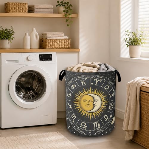 Sun Moon Zodiac Laundry Basket, Foldable Laundry Hamper with Handles, Large Capacity Waterproof Clothes Storage Basket for Bedroom Bathroom College Dorm - color: Sun Moon Zodiac