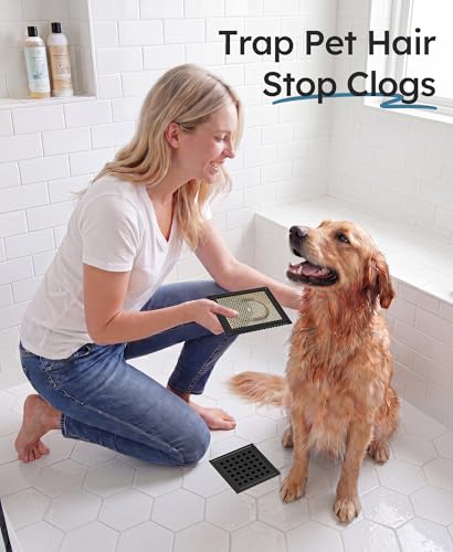 Square Shower Drain Hair Catcher, Anti-Clogging, 6 inch - color: Matte Black & Brushed Gold, size: 6 inch
