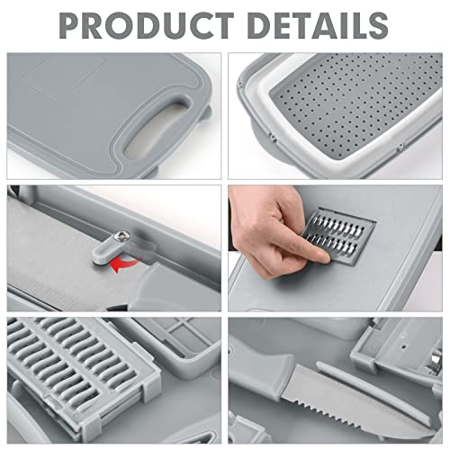 HI NINGER Collapsible Cutting Board with Colander, 9-In-1 Multi Chopping Board Kitchen Vegetable Washing Basket for Camping Gifts Camping Accessories for RV Campers - color: Gray