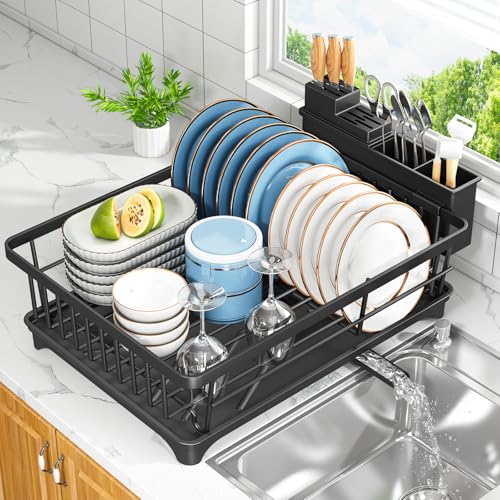 Kmiectse Dish Drying Rack for Small Kitchen Counter with Utensil Holder - color: Black