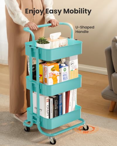Pipishell Metal 3 Tier Rolling Cart with Handle & Wheels, Turquoise - color: Turquoise, size: 3-Tier
