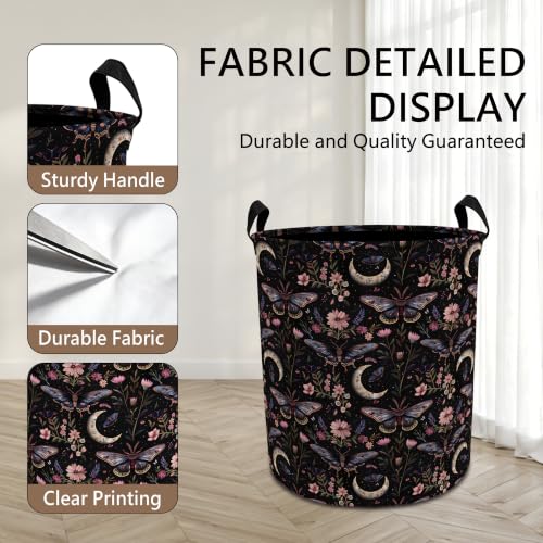 Moody Gothic Moth Floral Laundry Basket with Handles, Dark Academia Witchy Flower Butterfly Collapsible Waterproof Laundry Hamper Clothes Storage Basket for Bedroom Bathroom Home - color: style 01