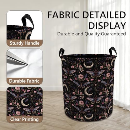 Moody Gothic Moth Floral Laundry Basket with Handles, Dark Academia Witchy Flower Butterfly Collapsible Waterproof Laundry Hamper Clothes Storage Basket for Bedroom Bathroom Home - color: style 01