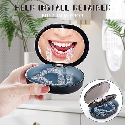 New Double-layer Retainer Storage Case with Belt Chewing,Removal Tool,Cleaning Brush,Built in Mirror Orthodontic Retainer Case - color: black