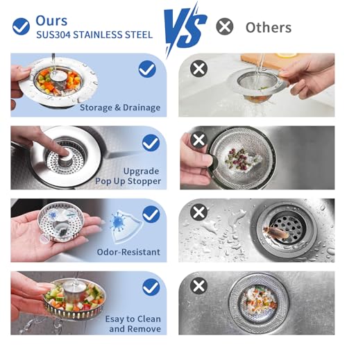 3-in-1 Kitchen Sink Drain Strainer and All-Purpose Sponges, Sink Stopper Pop-Up Drain Plug with Anti-Clogging Food Catcher Basket, Odor Blocker, Fits US Standard 3-1/2 Inch Sinks,Dish Sponges Safe - color: Chorme+ 2kitchen Sponges