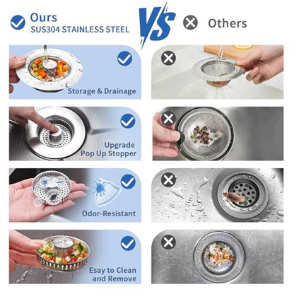 3-in-1 Kitchen Sink Drain Strainer and All-Purpose Sponges, Sink Stopper Pop-Up Drain Plug with Anti-Clogging Food Catcher Basket, Odor Blocker, Fits US Standard 3-1/2 Inch Sinks,Dish Sponges Safe - color: Chorme+ 2kitchen Sponges