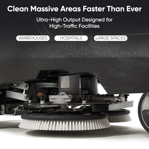 Battery Powered Ride-On Commercial Floor Scrubber Machine, 38" Brush, 48" Squeegee Width, 46 gal Solution Tank, 48 gal Recovery Tank, 5 hr Use 8 hr Charge, 180 RPM, 84,000 Sqft/H, Batteries Included - size: 38"