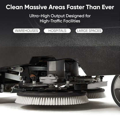 Battery Powered Ride-On Commercial Floor Scrubber Machine, 38" Brush, 48" Squeegee Width, 46 gal Solution Tank, 48 gal Recovery Tank, 5 hr Use 8 hr Charge, 180 RPM, 84,000 Sqft/H, Batteries Included - size: 38"