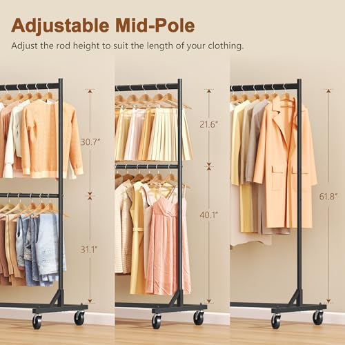 Hoctieon Double Rod Z Rack, Rolling Clothes Racks with Z-Base, Adjustable Clothing Rack, Standing Clothes Rack, Metal Clothing Racks for Hanging Clothes, Portable Garment Rack, Black - color: Black (1 Pack)
